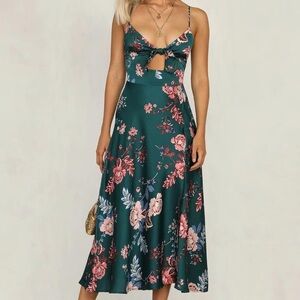 Spaghetti Strap Midi Satin Dresses Tie Front Split Dress